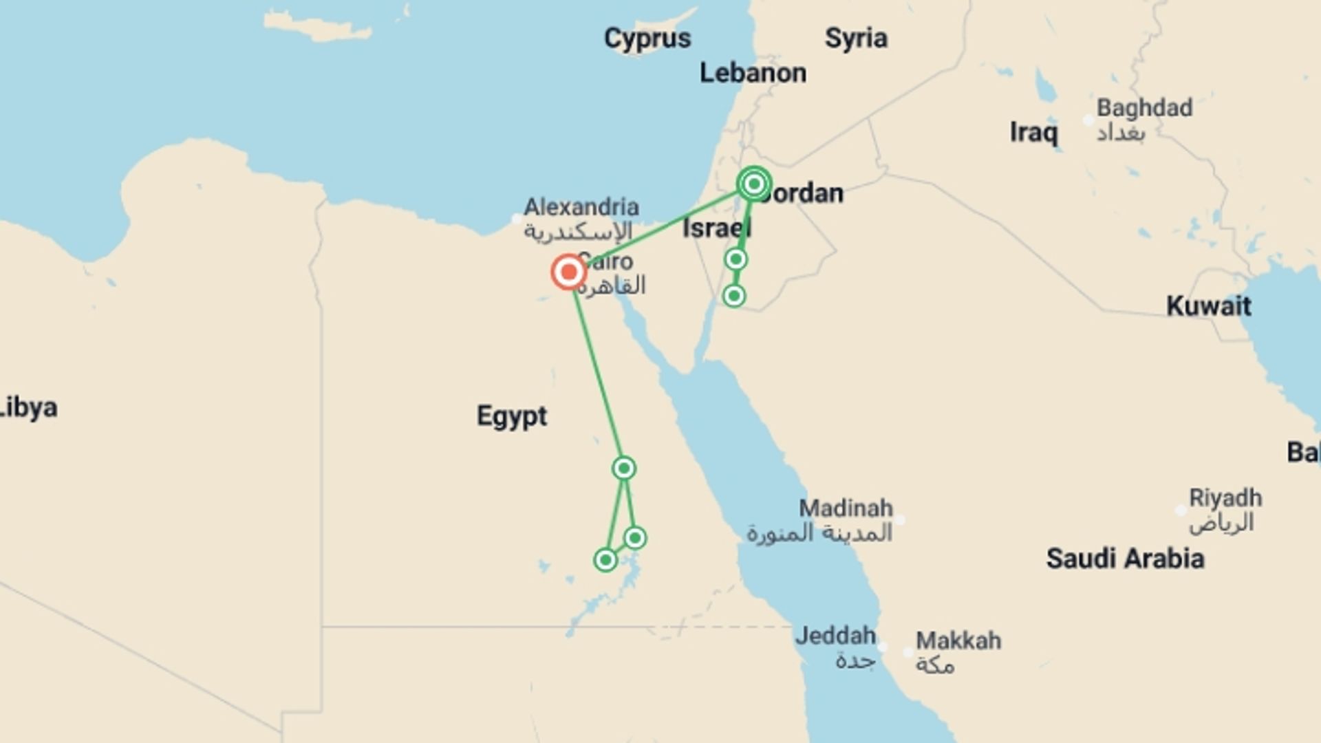 A map showing the tour itinerary for the trip: Jordan & Egypt by Nile Cruise (5 & 4 Star Hotels), starting in Amman, Jordan and ending in Cairo, Egypt going through 5 other destinations.