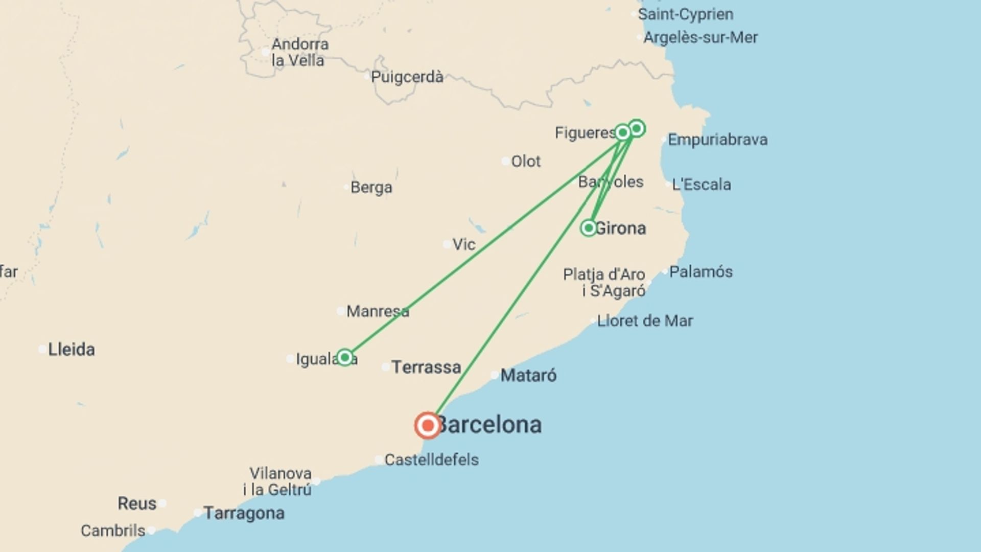 A map showing the tour itinerary for the trip: Barcelona In Depth & Catalonia - 8 days, starting in Barcelona, Spain and ending in Barcelona & Catalonia, Spain going through 2 other destinations.