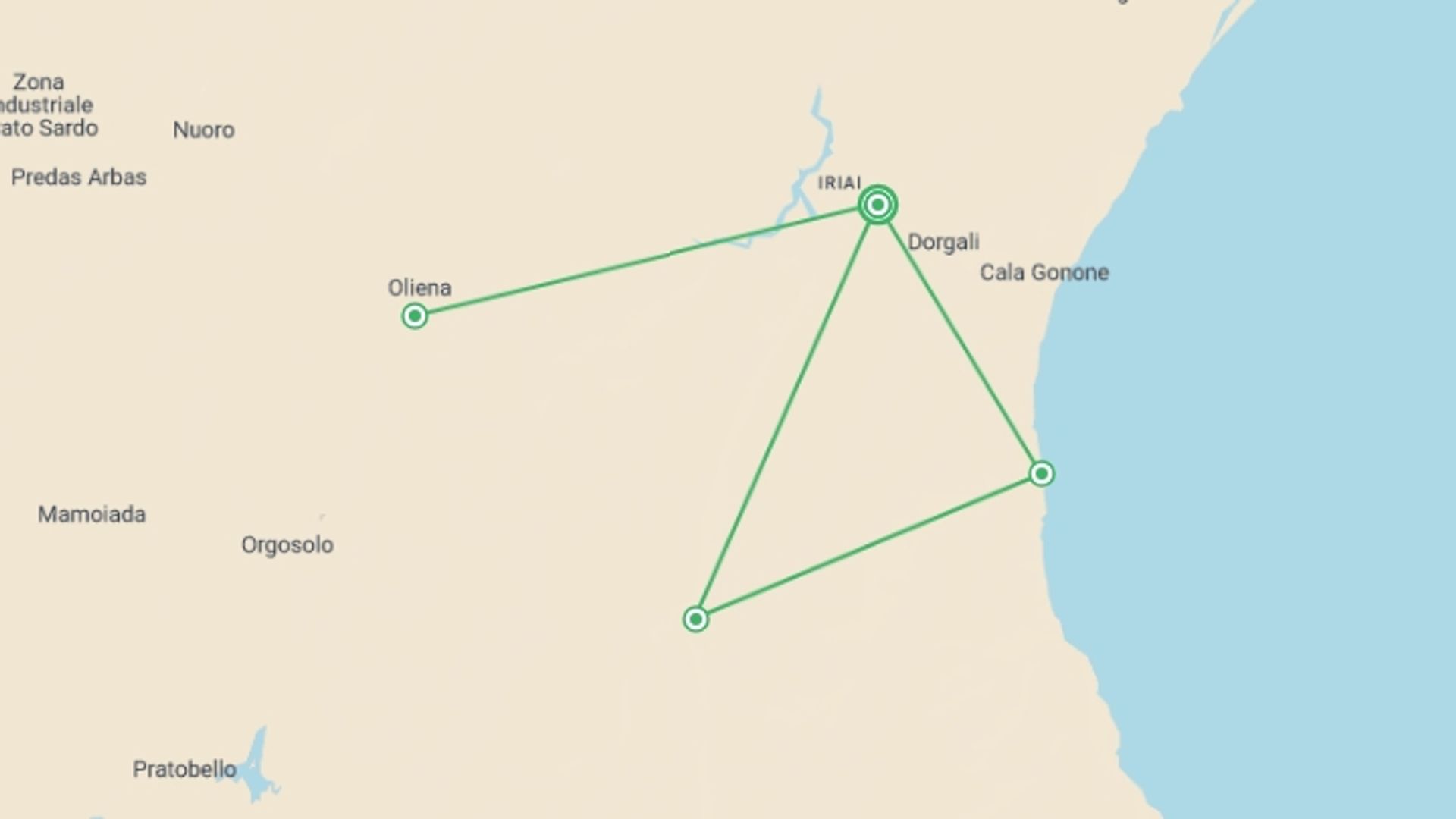 A map showing the tour itinerary for the trip: Sardinia Adventure, starting in Dorgali, Italy and ending in Dorgali, Italy going through 3 other destinations.