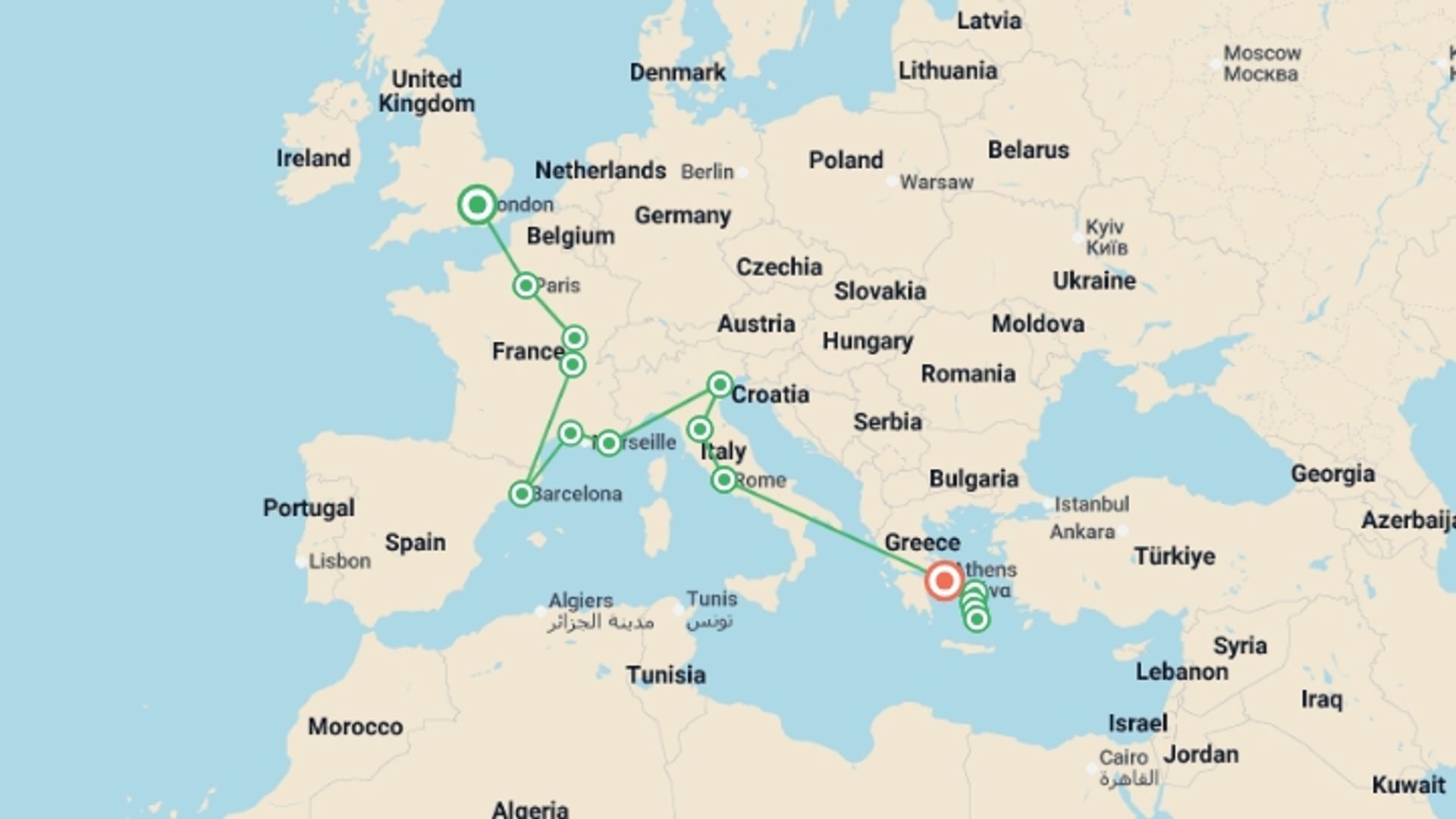 A map showing the tour itinerary for the trip: London to Athens with Greek Island Hopping, starting in London, England and ending in Athens, Greece going through 11 other destinations.