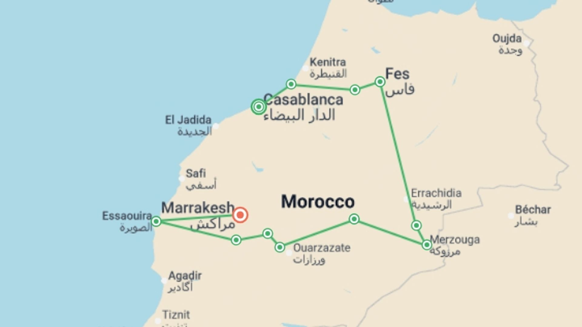 A map showing the tour itinerary for the trip: Best of Morocco, starting in Casablanca, Morocco and ending in Marrakech, Morocco going through 8 other destinations.
