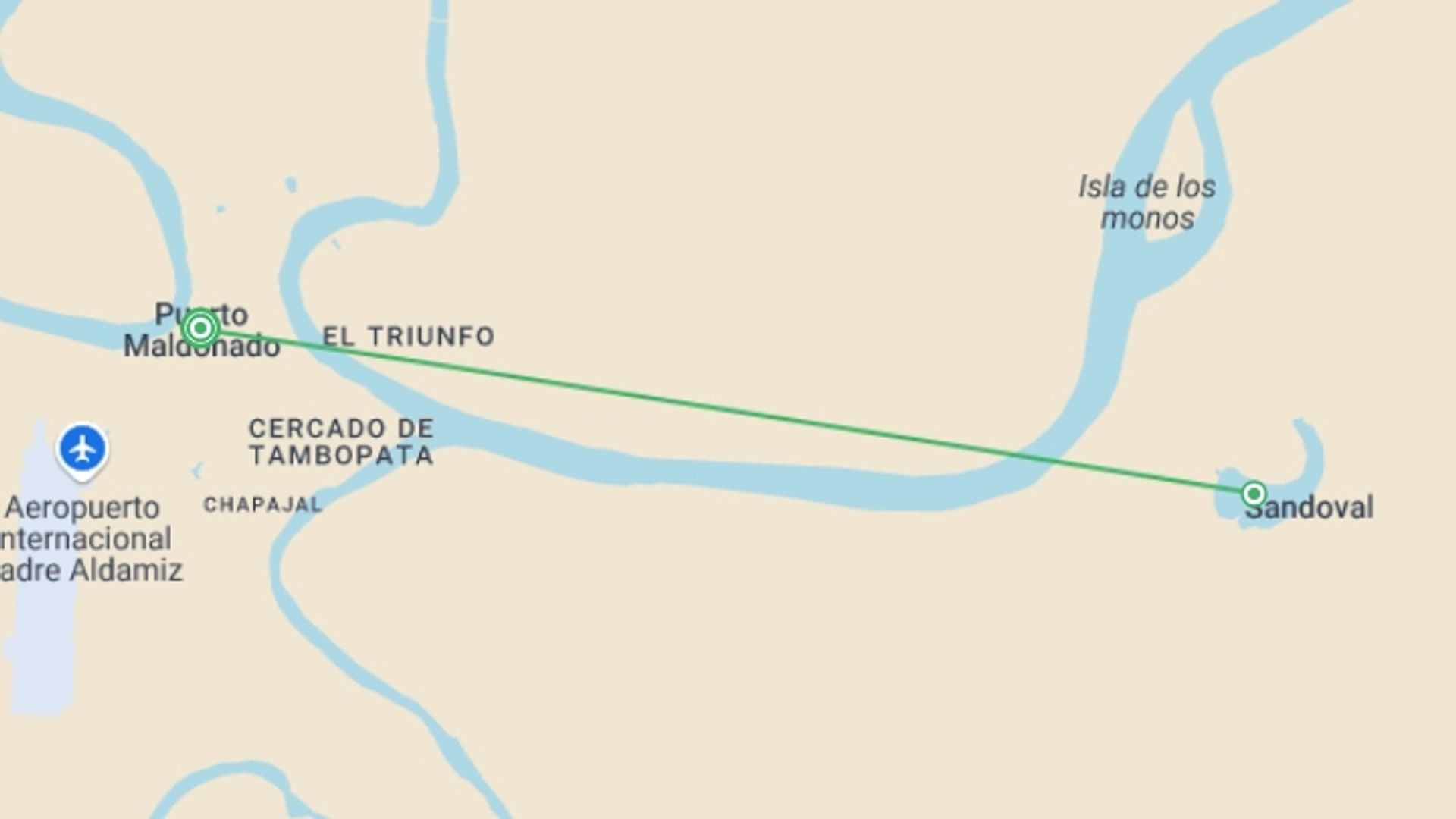 A map showing the tour itinerary for the trip: 4 Days, Experience In Reserva Amazónica (on Request), starting in Puerto Maldonado, Peru and ending in Puerto Maldonado, Peru going through 0 other destinations.