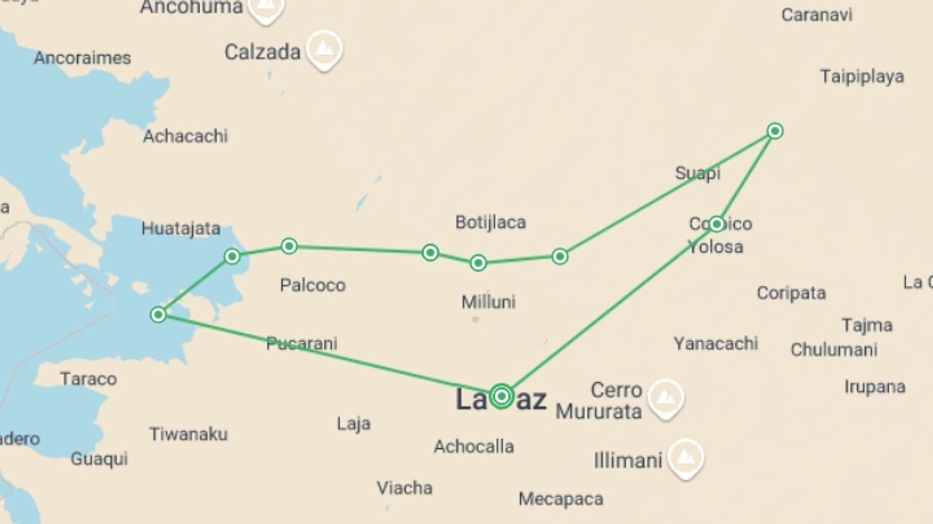 A map showing the tour itinerary for the trip: Crossing the Andes: Authentic Bolivian Experience, starting in La Paz, Bolivia and ending in La Paz, Bolivia going through 10 other destinations.