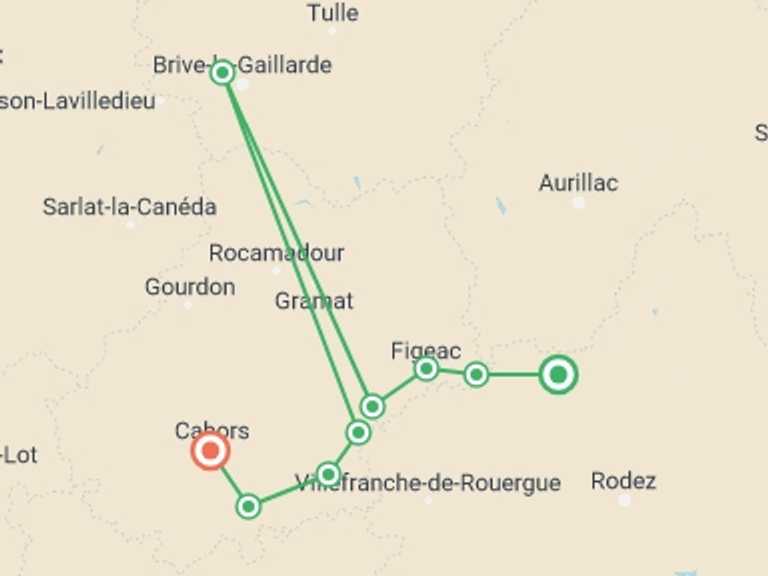 Map of The Way of St. James Walking Tour with 9 destination visits for the trip: Le Puy Camino - Conques to Cahors