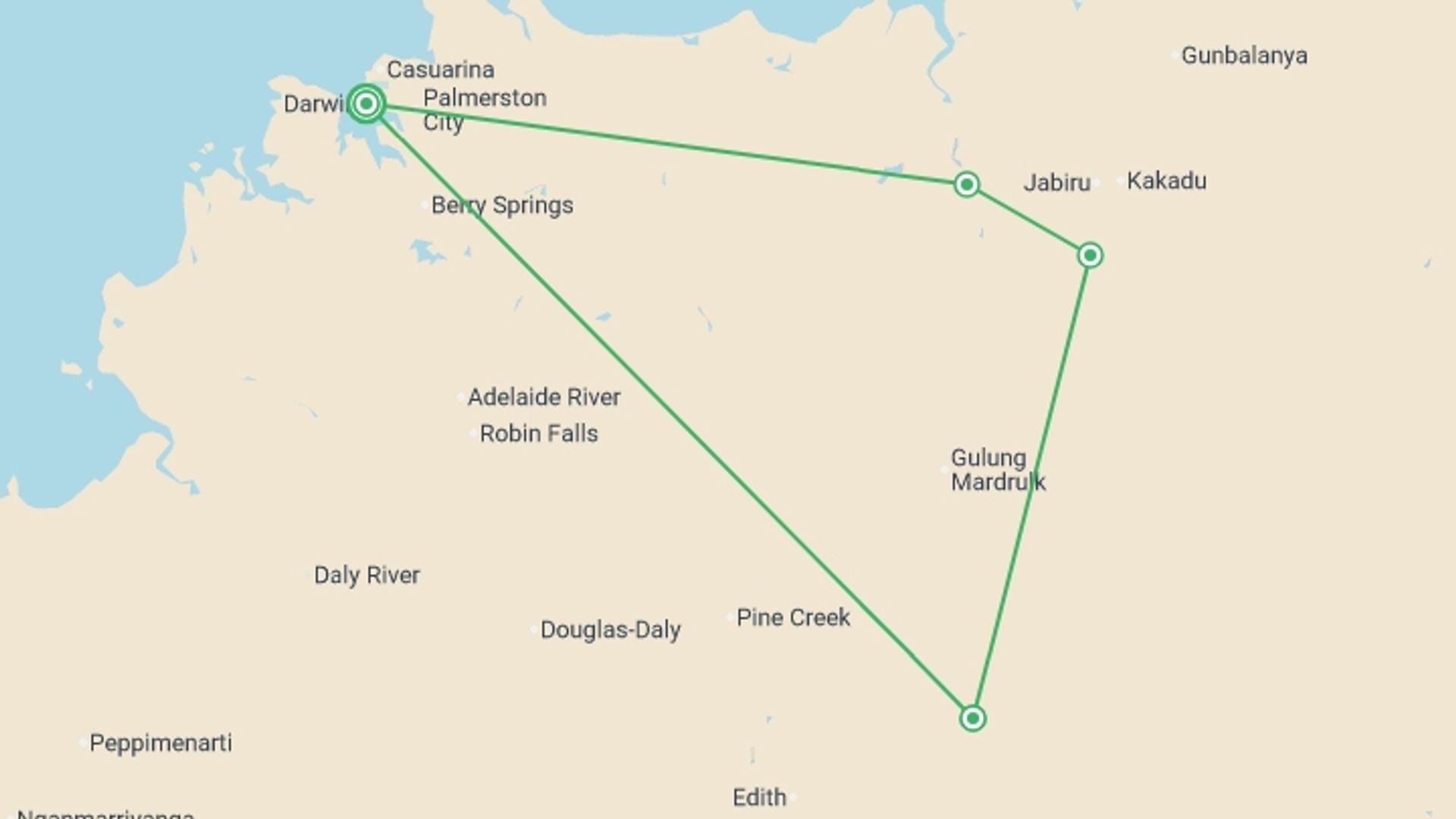A map showing the tour itinerary for the trip: Northern Territory Top End National Parks, starting in Darwin, Australia and ending in Darwin, Australia going through 3 other destinations.