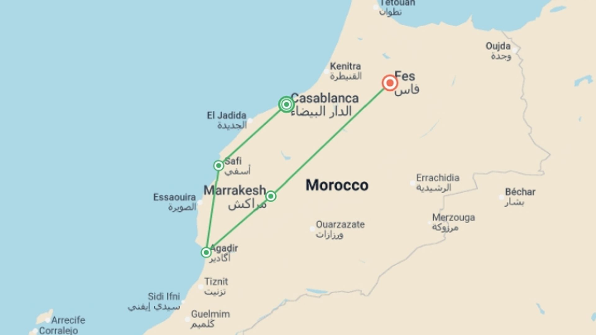 A map showing the tour itinerary for the trip: Imperial Cities and Moroccan Atlantic Ending Fez, starting in Casablanca, Morocco and ending in Fez, morocco going through 3 other destinations.