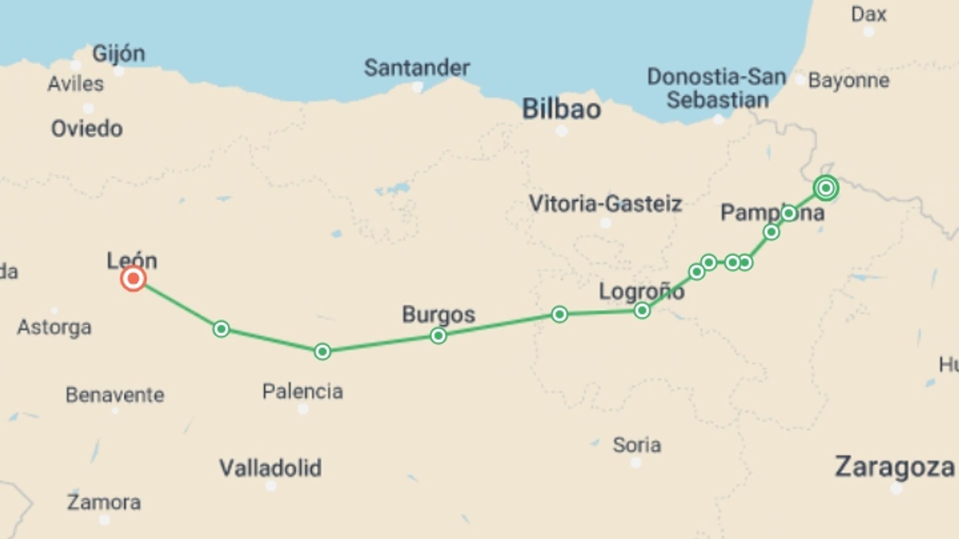 A map showing the tour itinerary for the trip: Spanish Camino by Bike: The Pyrenees to Leon, starting in Roncesvalles, Spain and ending in Leon, Spain going through 8 other destinations.