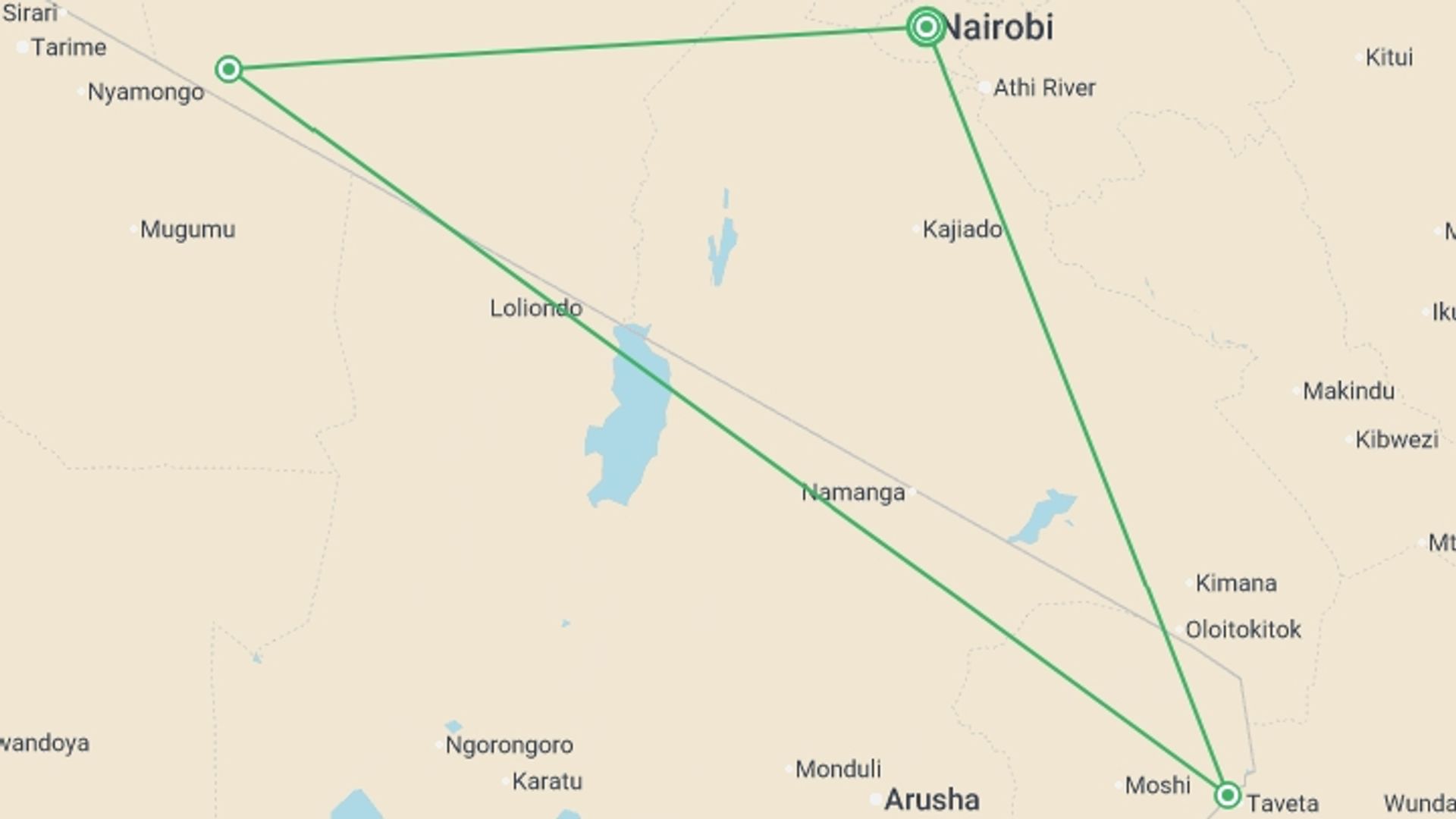 A map showing the tour itinerary for the trip: Kenya: Cultural Connections, Maasai Mara & East Africa Safari, starting in Nairobi, Kenya and ending in Nairobi, Kenya going through 2 other destinations.
