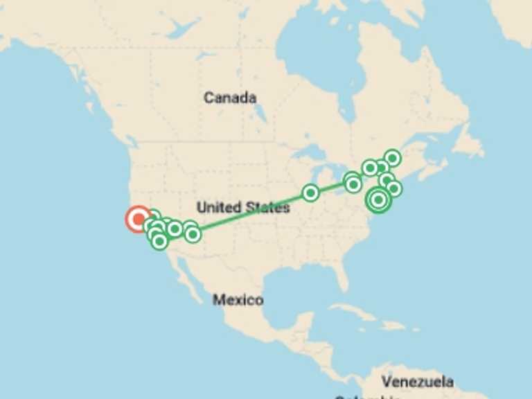 Map of New York Cultural, religious and historic sites Tour with 15 destination visits for the trip: Essential East Coast and Unmissable West