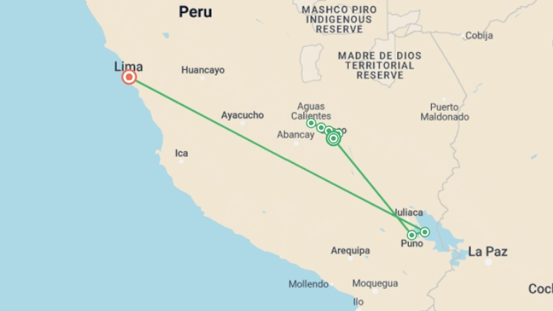 A map showing the tour itinerary for the trip: 8 Days: Cusco, Machu Picchu and Puno, starting in Cusco, Peru and ending in Lima, Peru going through 5 other destinations.