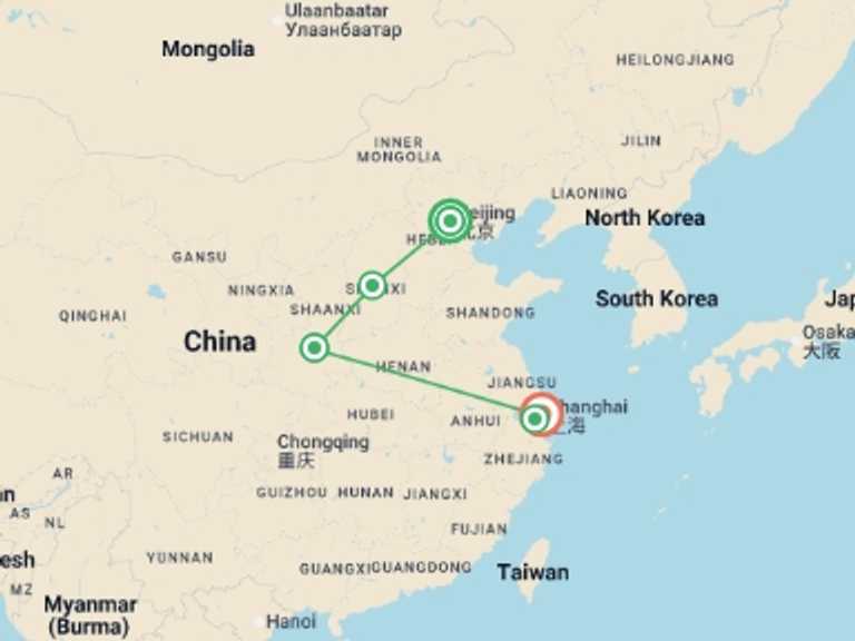 Map of China Tour with 4 destination visits for the trip: Beijing, Xi'an & Shanghai - 10 days