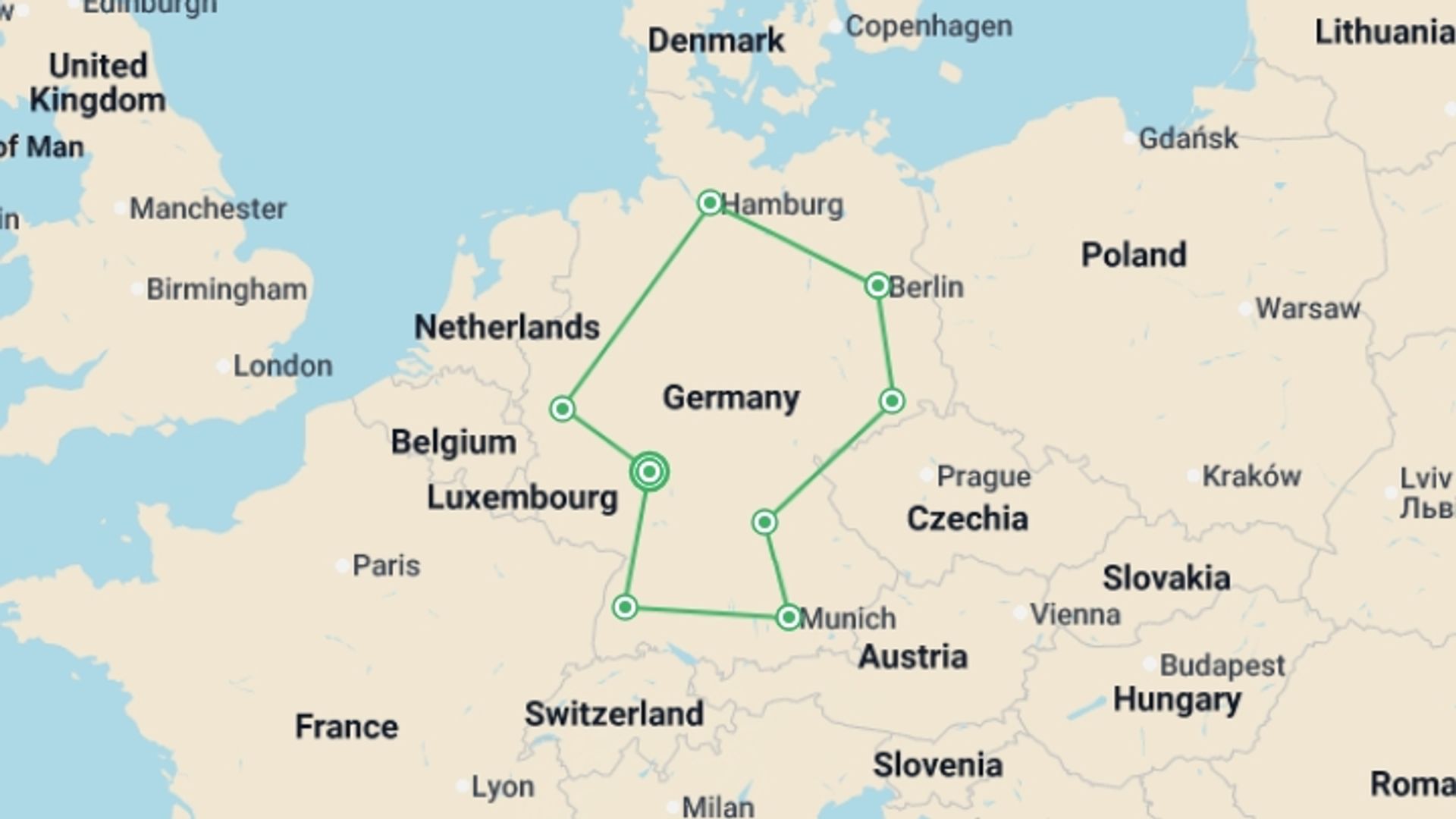 A map showing the tour itinerary for the trip: Best of Germany, starting in Frankfurt, Germany and ending in Frankfurt, Germany going through 7 other destinations.