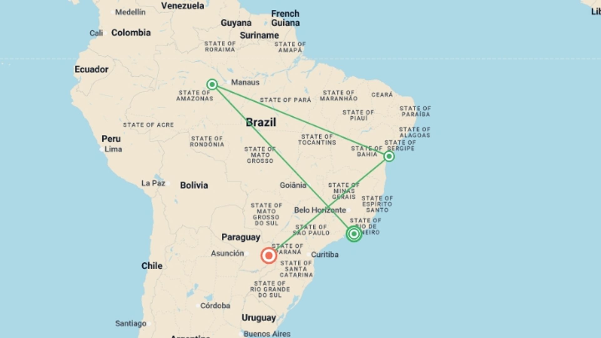 A map showing the tour itinerary for the trip: 11 Nights in Rio de Janeiro, Foz do Iguazu, Salvador and Amazon, starting in Rio de Janeiro, Brazil and ending in Foz Do Iguacu, Brazil going through 2 other destinations.