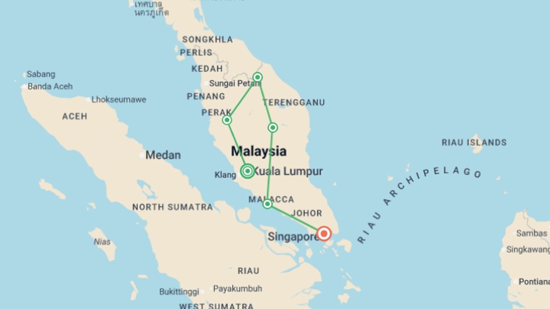 A map showing the tour itinerary for the trip: Malaysia's Jungle Railway Adventure, starting in Kuala Lumpur, Malaysia and ending in Singapore, Singapore going through 4 other destinations.