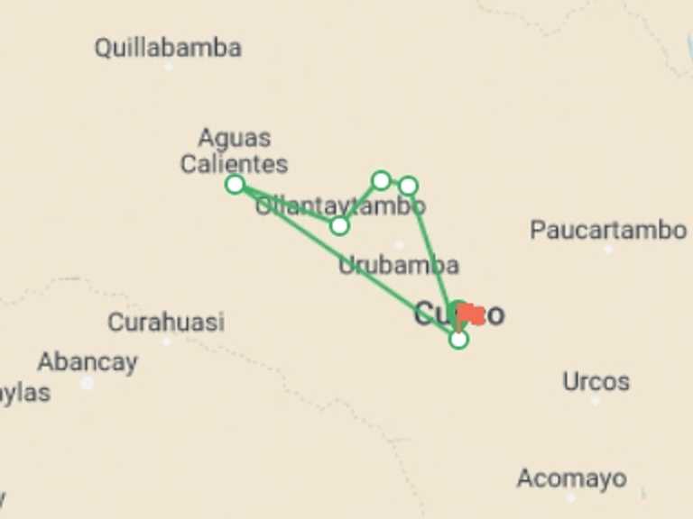 Map of Peru Tour with 6 destination visits for the trip: 4 day Lares Trek to Machu Picchu