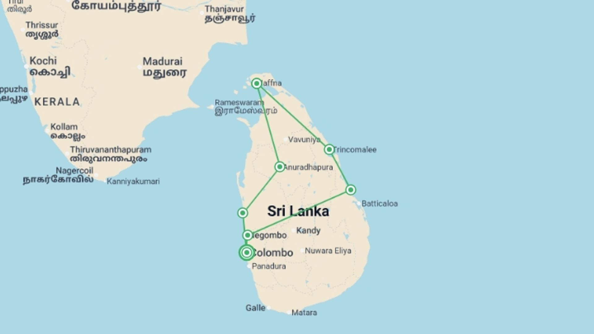 A map showing the tour itinerary for the trip: Sri Lanka North East & Beach - 10 Days, starting in Colombo, Sri Lanka and ending in Colombo, Sri Lanka going through 6 other destinations.