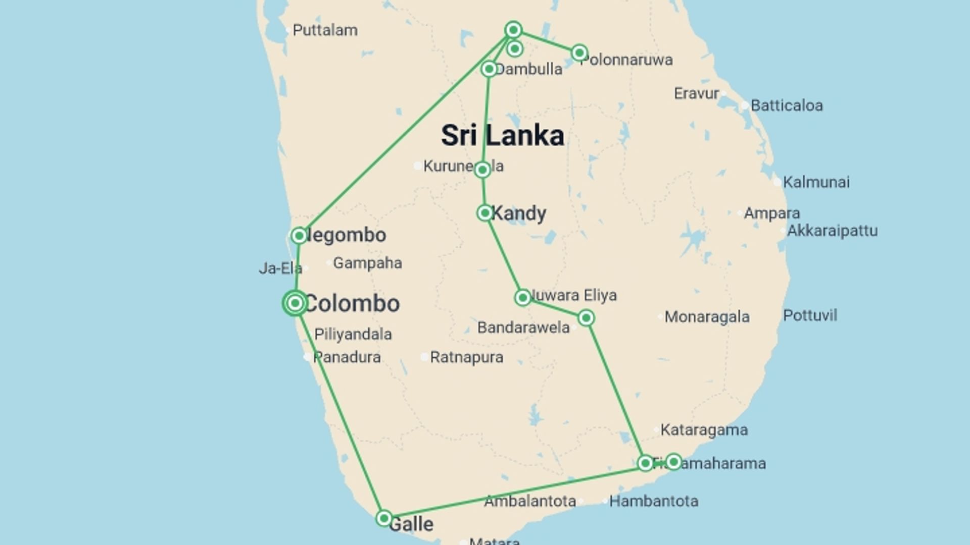 A map showing the tour itinerary for the trip: Sri Lanka, The Enchanted Island, Spanish-speaking Guide, starting in Colombo, Sri Lanka and ending in Colombo, Sri Lanka going through 3 other destinations.