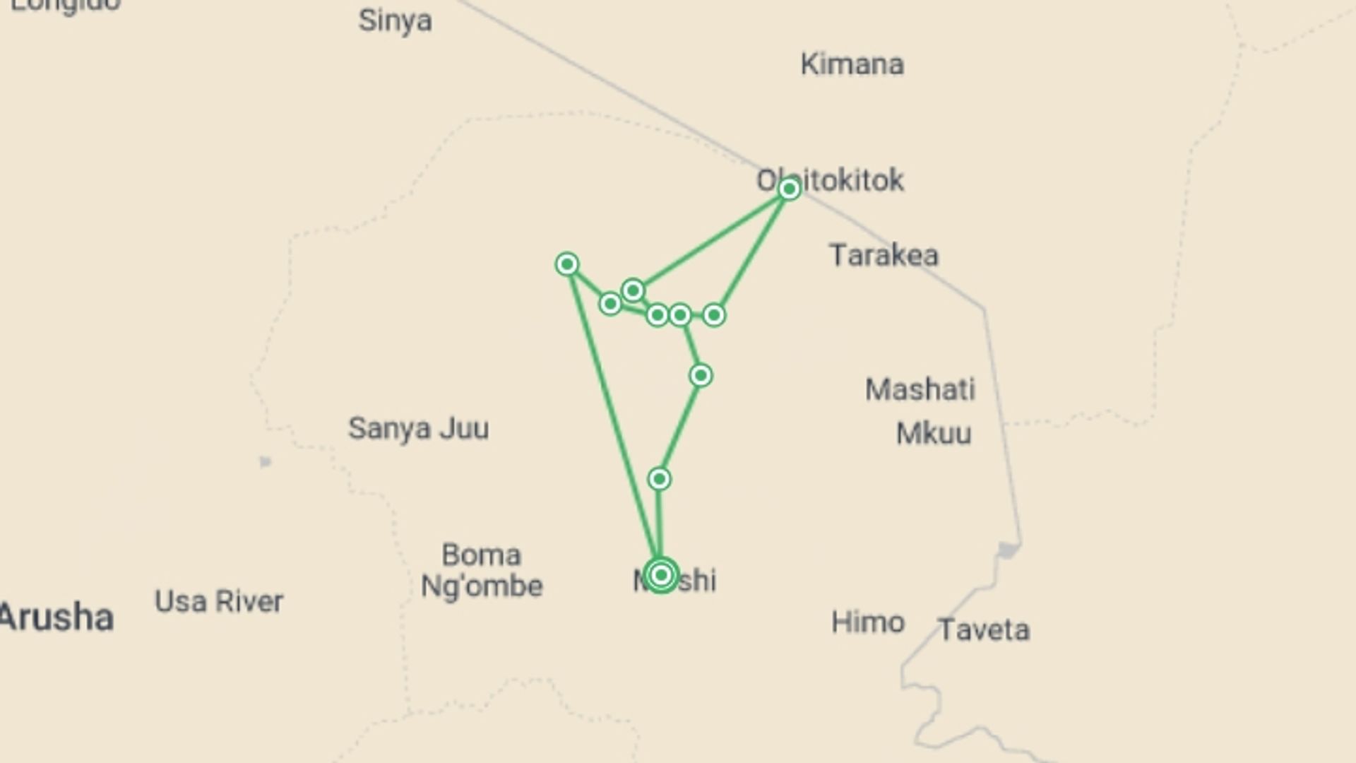 A map showing the tour itinerary for the trip: Kilimanjaro Climbing tours via Northern Circuit - 10 Days, starting in Moshi, Tanzania and ending in Moshi, Tanzania going through 9 other destinations.