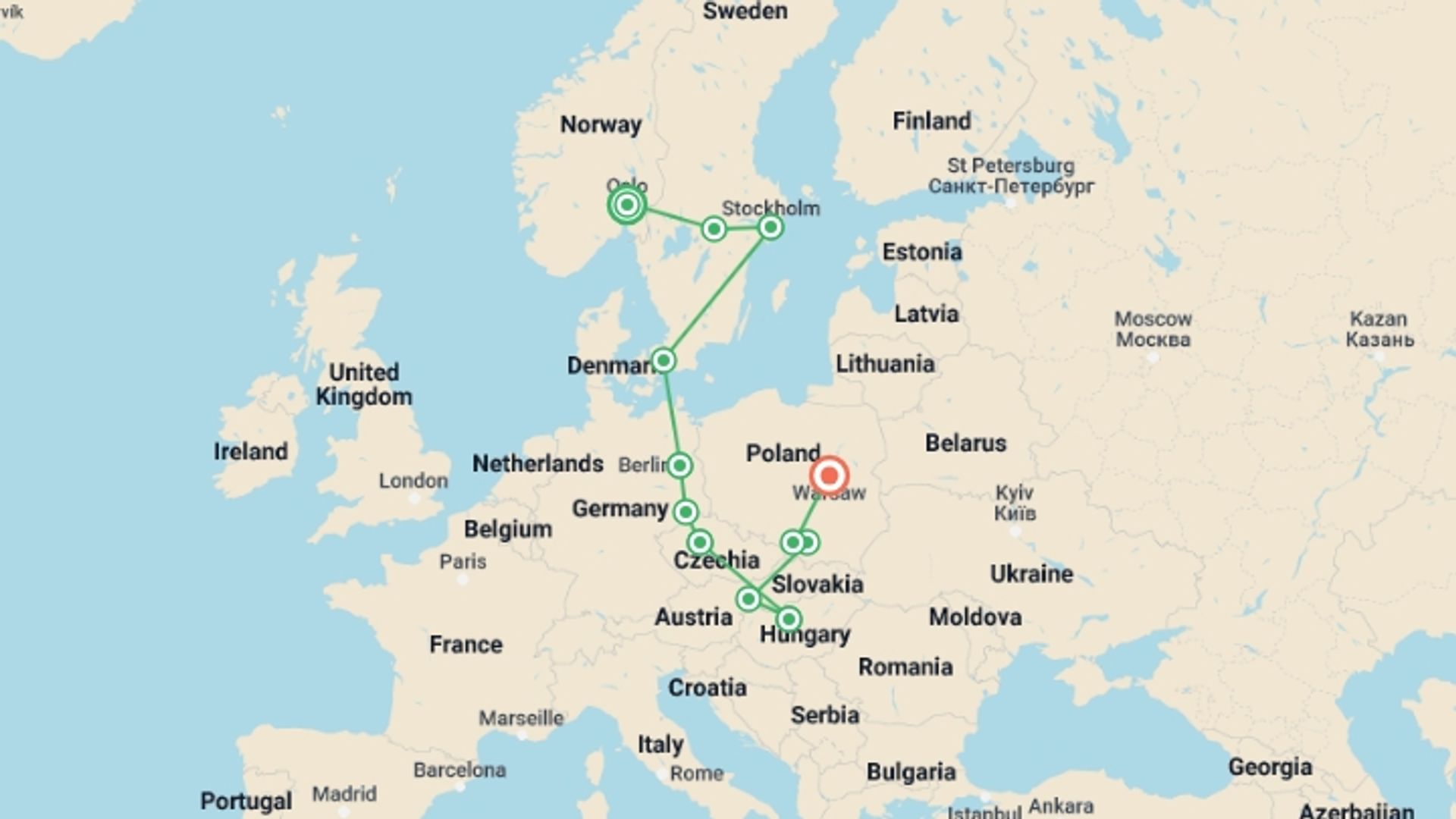 A map showing the tour itinerary for the trip: Scandinavian and Eastern Europe, starting in Oslo, Norway and ending in Warsaw, Poland going through 6 other destinations.