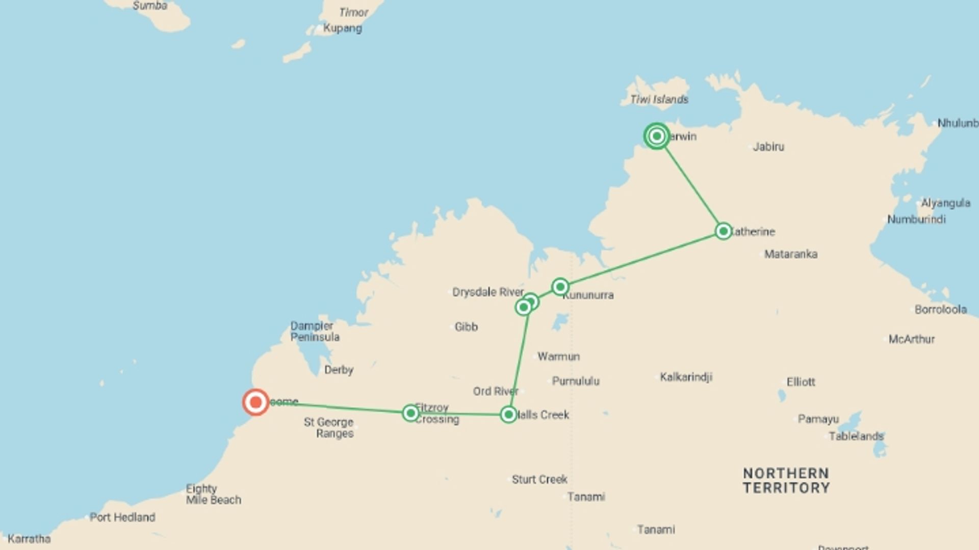 A map showing the tour itinerary for the trip: Untamed Kimberley, starting in Darwin, Australia and ending in Broome, Australia going through 6 other destinations.