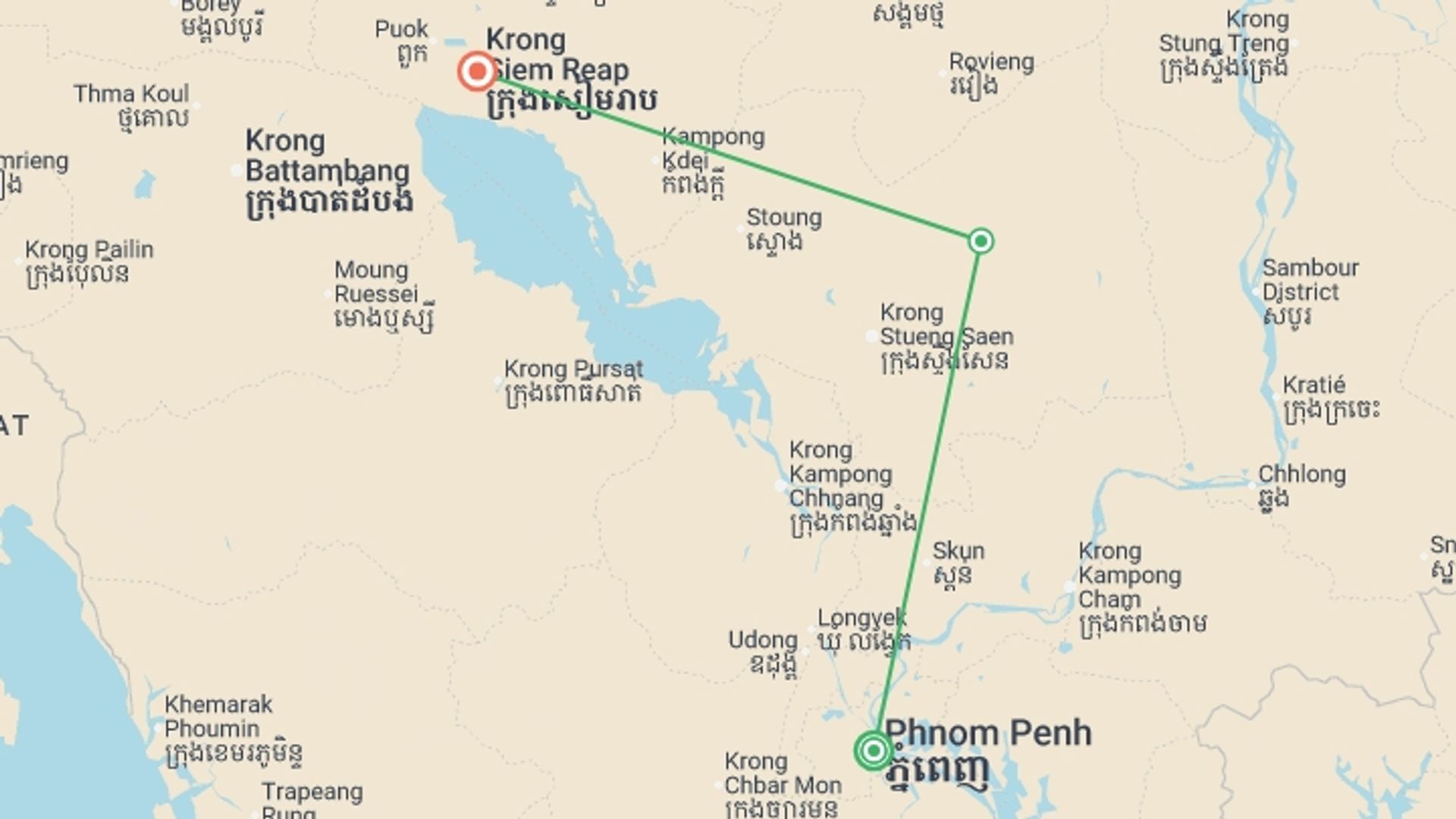 A map showing the tour itinerary for the trip: Cambodia Discovery - 8 days, starting in Phnom Penh, Cambodia and ending in Siem Reap, Cambodia going through 1 other destinations.