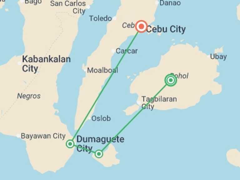 Map itinerary of Philippines Tour in September 2026 with 4 destination visits for the trip: Island Wonders of the Visayas - 9 days