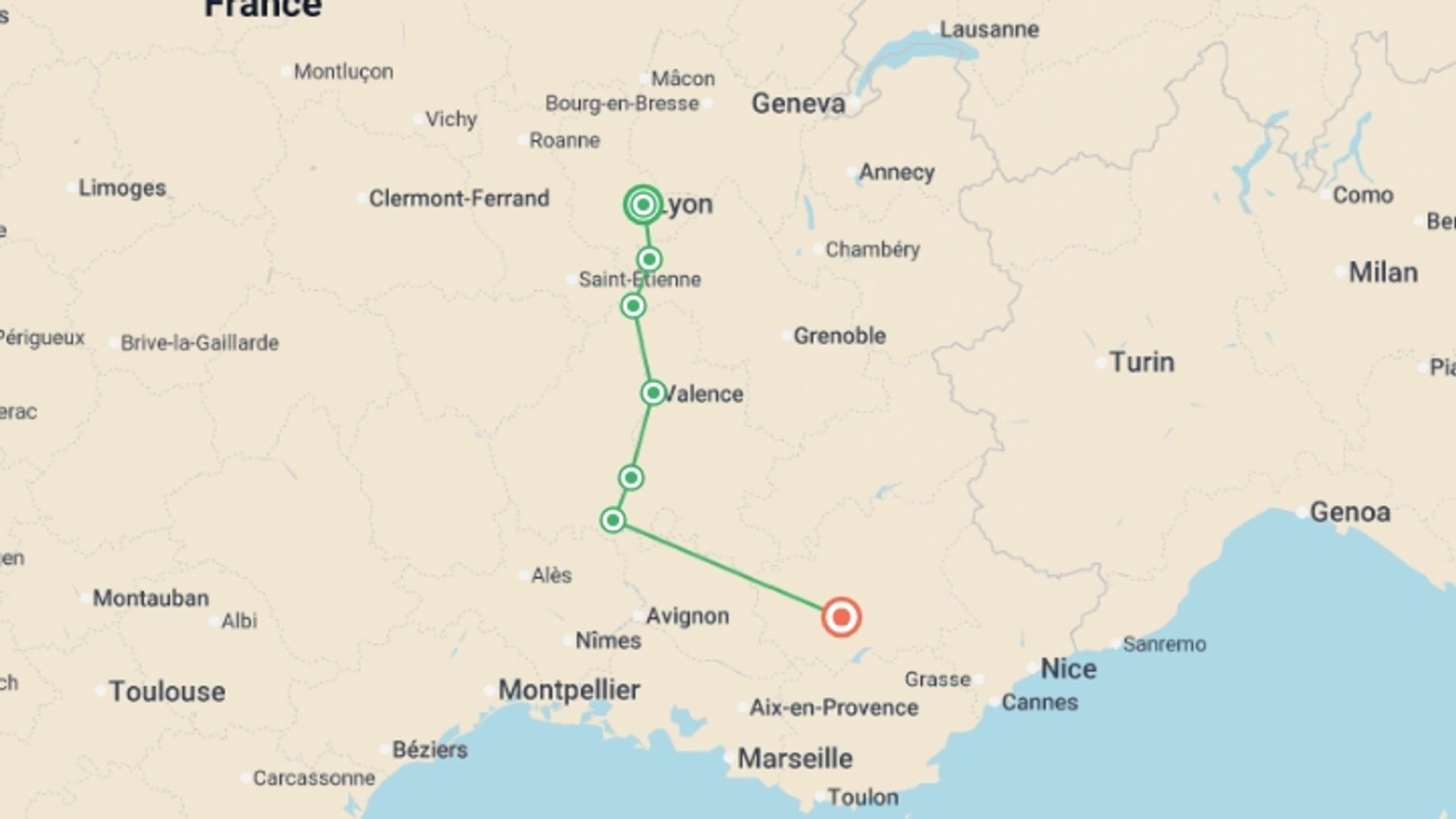 A map showing the tour itinerary for the trip: Via Rhôna Cycle Path: Lyon to Provence, starting in Lyon, France and ending in Provence, France going through 5 other destinations.