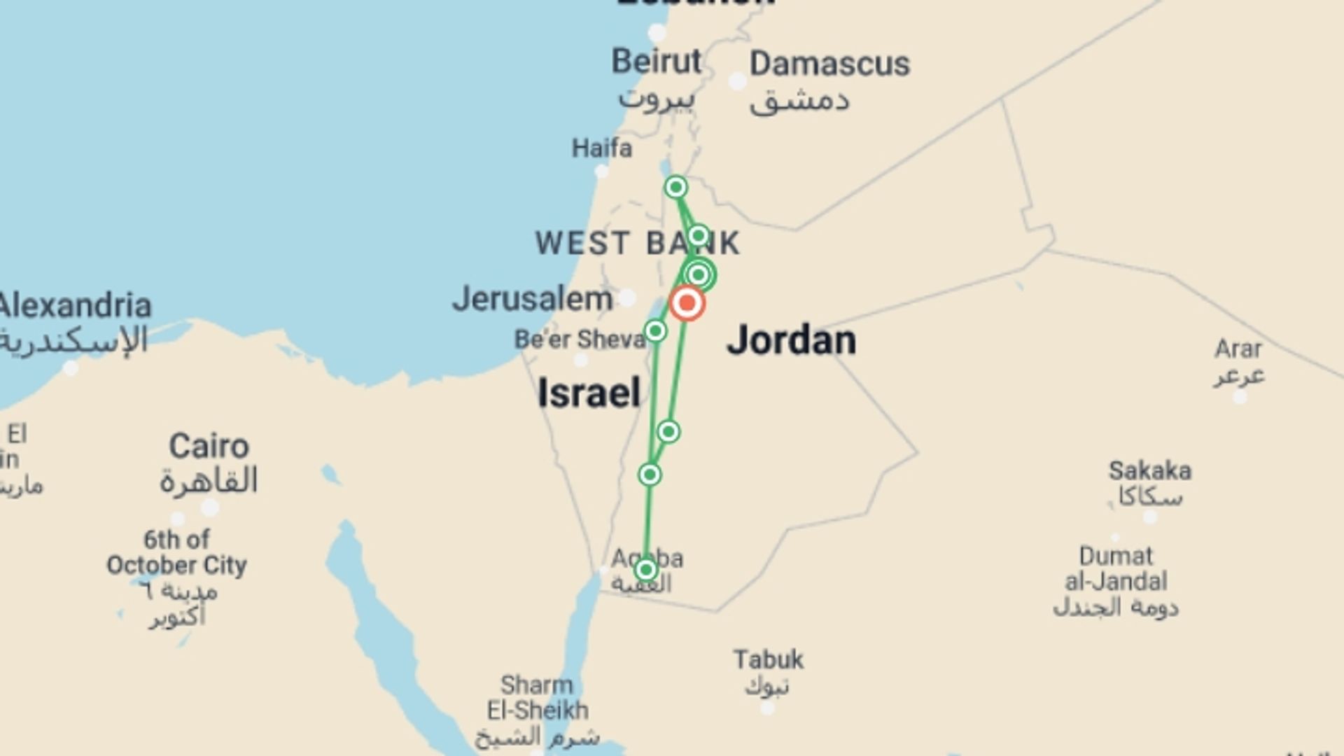 A map showing the tour itinerary for the trip: Jordan: Culture & Nature In Depth, starting in Amman, Jordan and ending in Madaba, Jordan going through 6 other destinations.