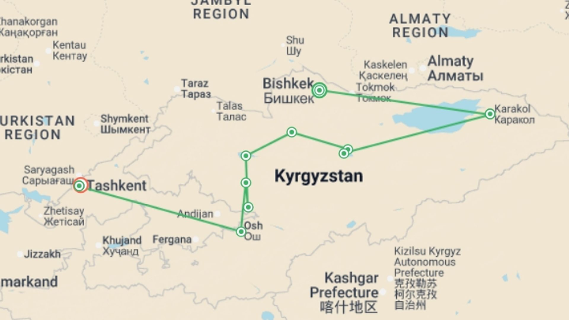 A map showing the tour itinerary for the trip: Kyrgyzstan's Silk Road Journey, starting in Bishkek, Kyrgyzstan and ending in Tashkent, Uzbekistan going through 8 other destinations.