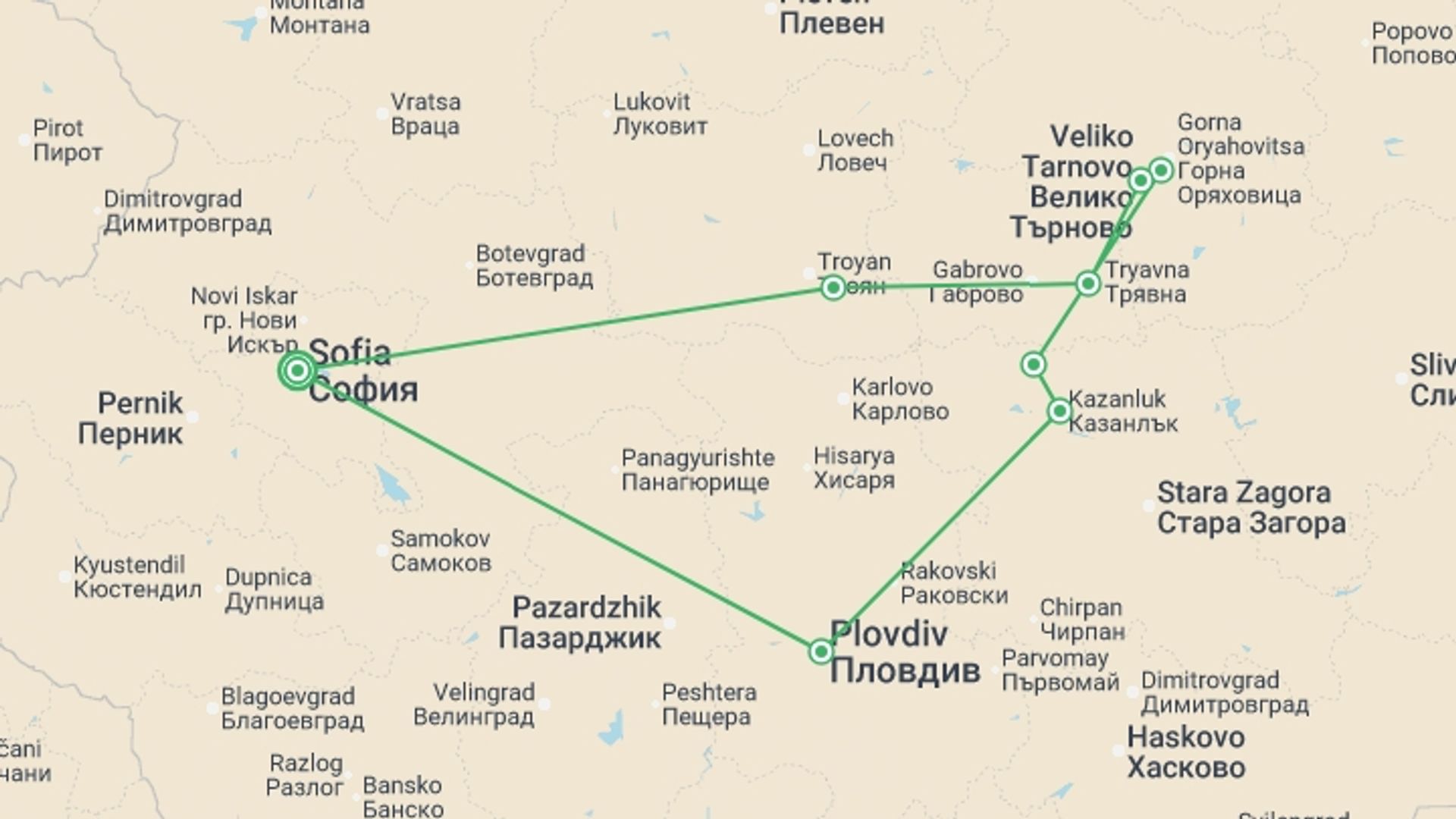A map showing the tour itinerary for the trip: Bulgarian Triangle, starting in Sofia, Bulgaria and ending in Sofia, Bulgaria going through 2 other destinations.