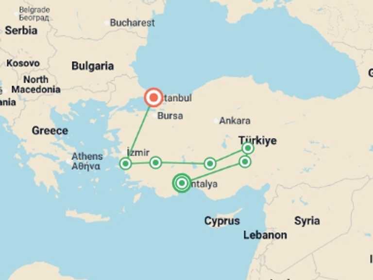 Map of Europe Tour with 7 destination visits for the trip: Turkish Wonders From Antalya to Istanbul - 10 days