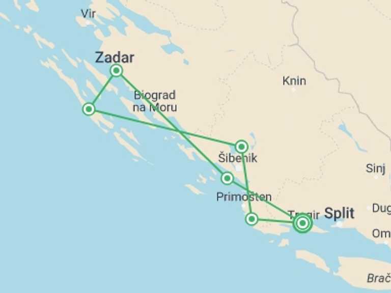 Map of Croatia Sailing, yachting and motor boating Tour with 6 destination visits for the trip: North Dalmatia Bike and Boat