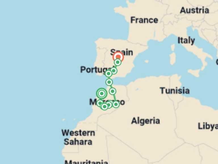Map itinerary of Mediterranean Tour in March 2027 with 8 destination visits for the trip: Moroccan capitals, Seville and Madrid