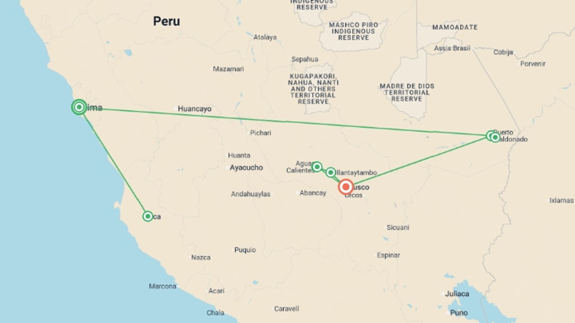 A map showing the tour itinerary for the trip: Premium Peru with Ica Valley, starting in Lima, Peru and ending in Cusco, Peru going through 4 other destinations.