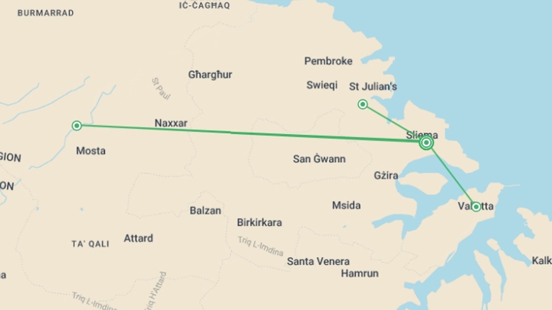 A map showing the tour itinerary for the trip: Explore Malta 5 Days, Self-drive, starting in Sliema, Malta and ending in Sliema, Malta going through 2 other destinations.