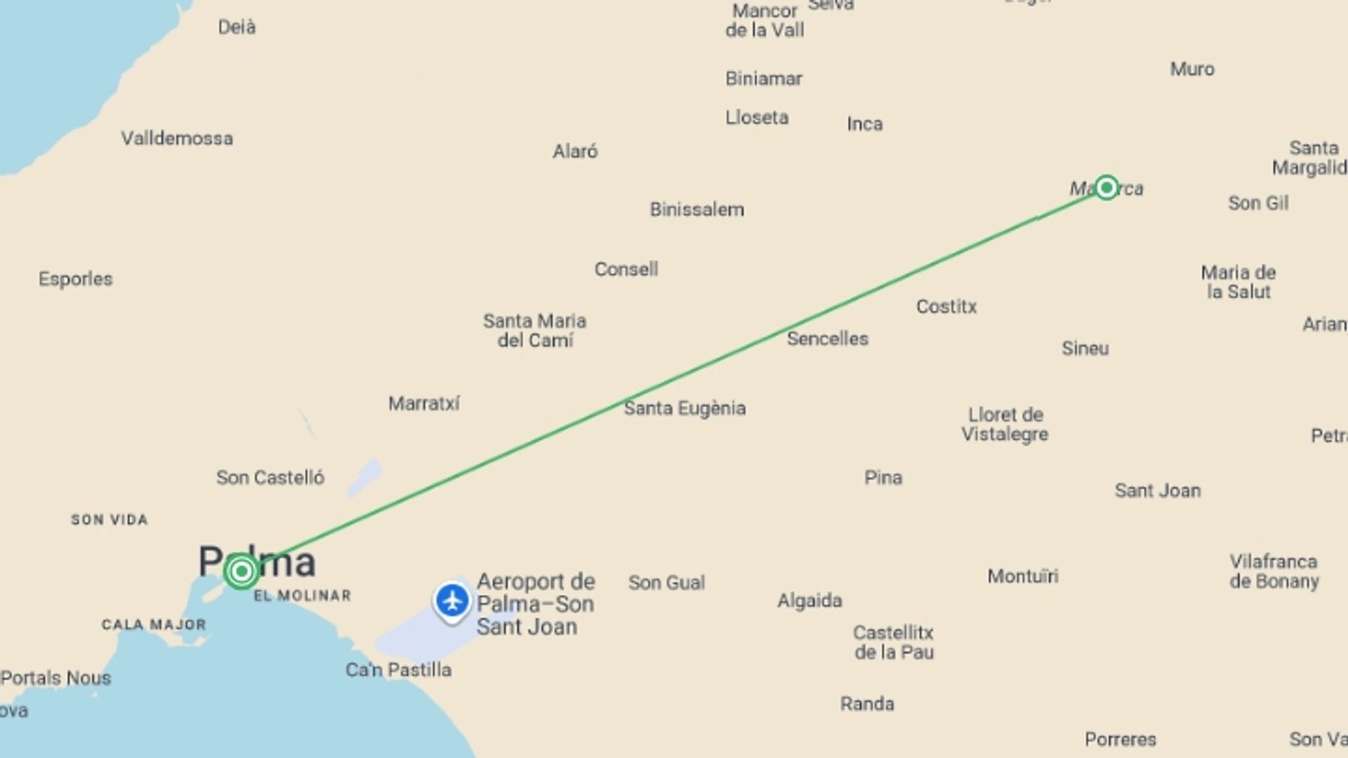 A map showing the tour itinerary for the trip: Palma De Mallorca City Break, starting in Palma, Spain and ending in Palma, Spain going through 1 other destinations.