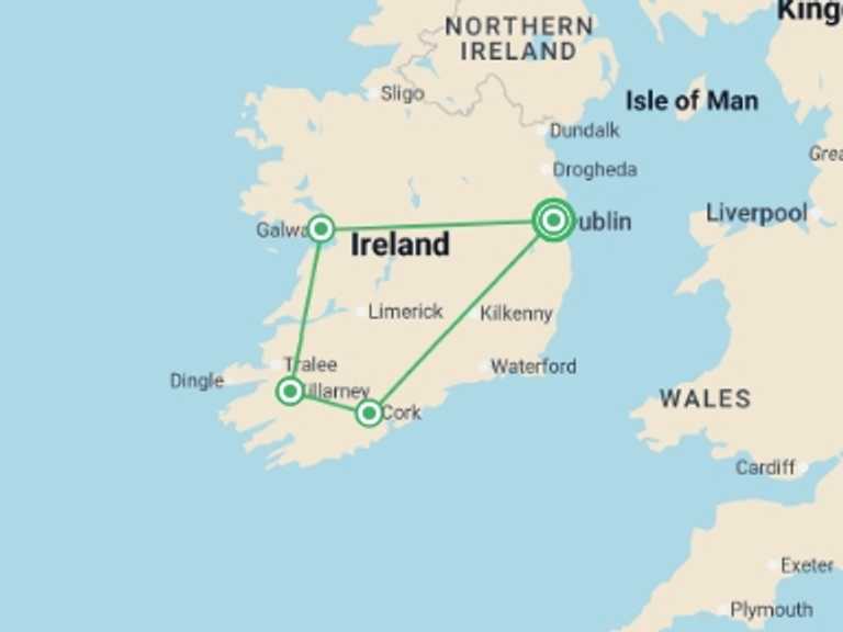 Map of Ireland Tour with 4 destination visits for the trip: Focus on Ireland - Premium