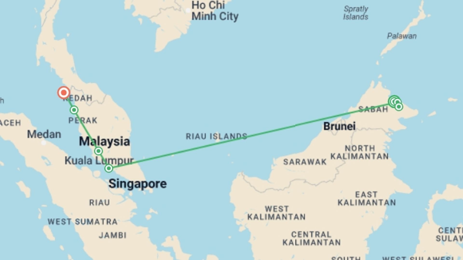 A map showing the tour itinerary for the trip: Borneo & the Malaysian Peninsula, starting in Sepilok, Malaysia and ending in Langkawi, Malaysia going through 5 other destinations.