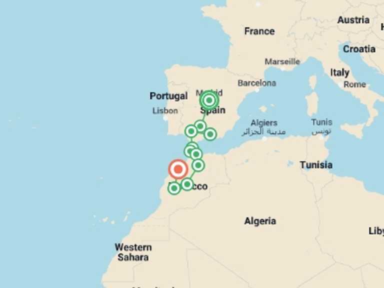 Map of Tangier Explorer Tour with 8 destination visits for the trip: Spain to Morocco