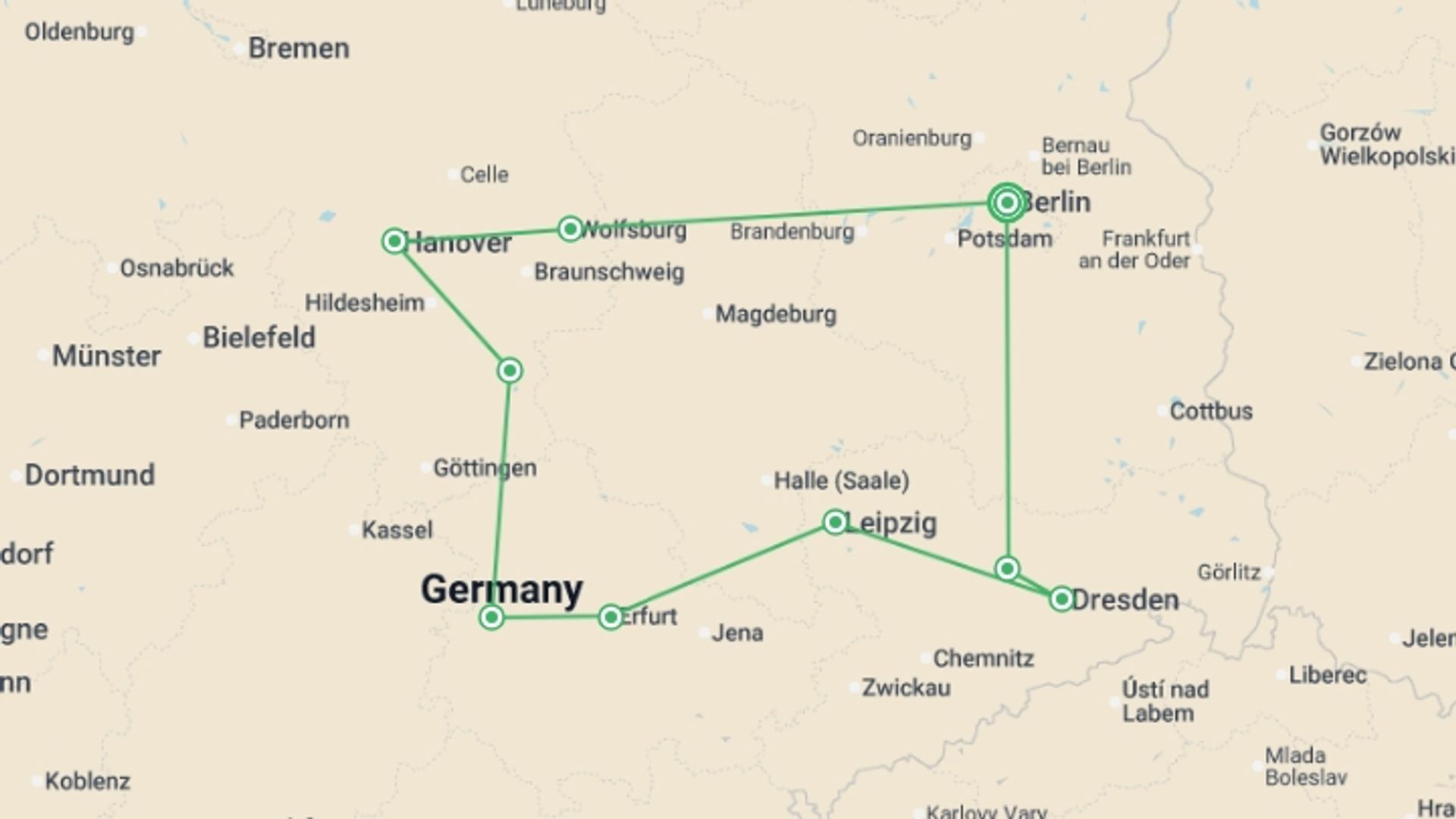 A map showing the tour itinerary for the trip: Adventure in the Heart of Germany with Berlin, starting in Berlin, Germany and ending in Berlin, Germany going through 3 other destinations.