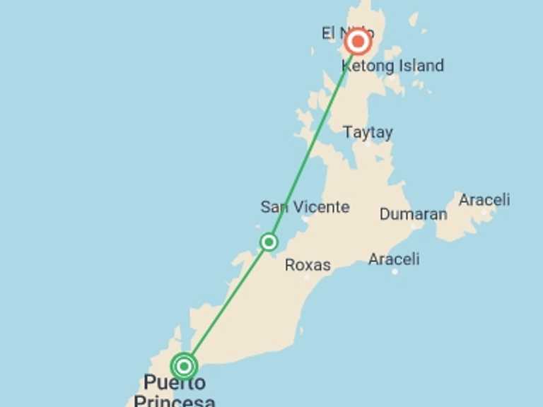 Map of a Kayaking and canoeing Tour with 4 destination visits for the trip: 9-Day In-depth Palawan Group Tour