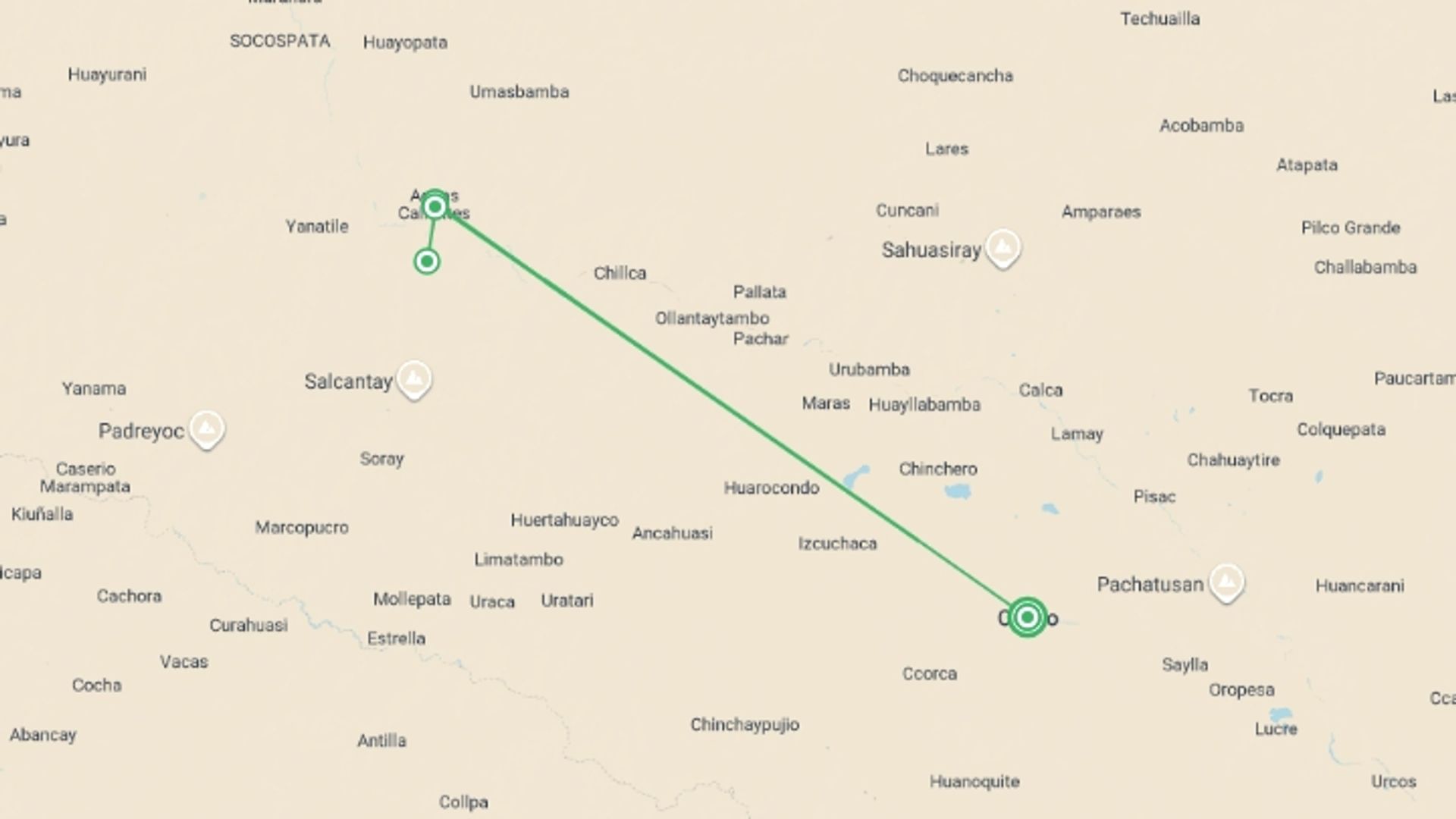 A map showing the tour itinerary for the trip: Inca Trail Trek to Machu Picchu - 7 days, starting in Cusco, Peru and ending in Cusco, Peru going through 3 other destinations.