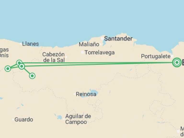 Map of a Natural landmarks sightseeing Tour with 7 destination visits for the trip: Trekking in Spain - Picos de Europa