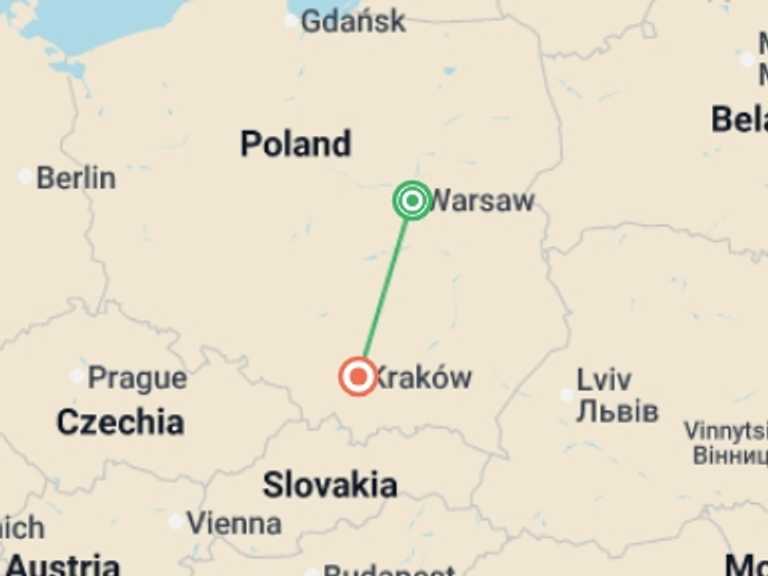 Map of a Festivals and events Tour with 2 destination visits for the trip: Warsaw & Krakow New Year Getaway - 5 days 