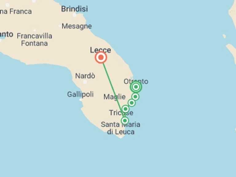 Map of Europe Tour with 7 destination visits for the trip: Puglia Coastal Walk