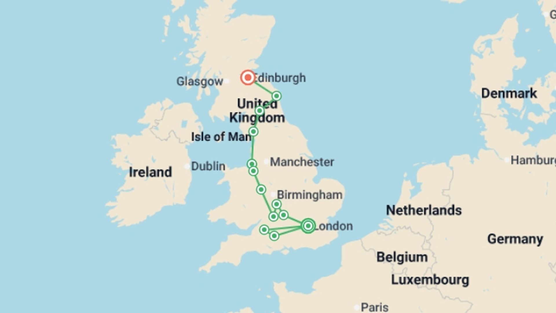 A map showing the tour itinerary for the trip: England & Scotland Grand Heritage Journey, starting in London, England and ending in Edinburgh, Scotland going through 4 other destinations.