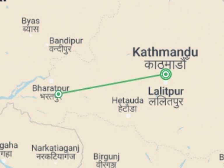 Map itinerary of Nepal Tour in Winter with 2 destination visits for the trip: Kathmandu Sightseeing & Chitwan National Park Tour