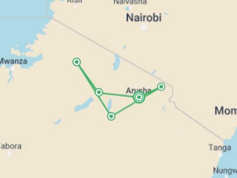 Map of 10-Day Serengeti National Park Tour with 5 destination visits for the trip: Wild About Tanzania - 10 days