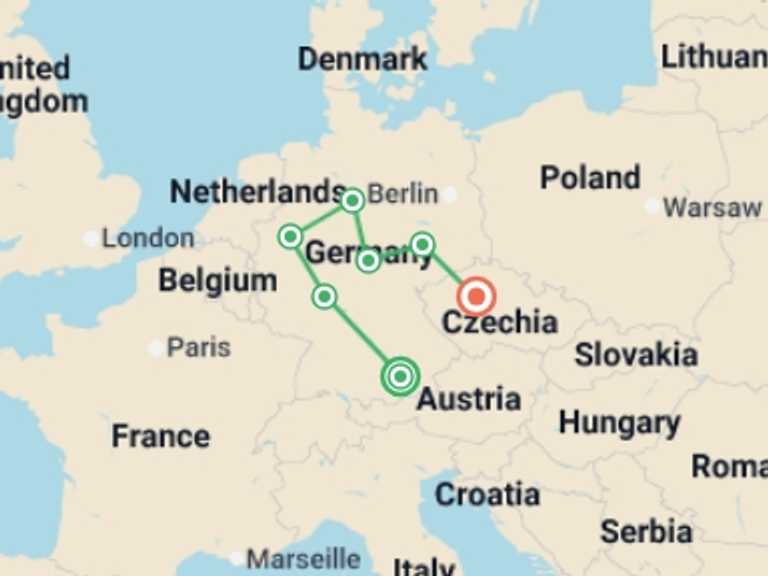 Map itinerary of Europe Tour in Fall with 7 destination visits for the trip: From Bavaria to Prague
