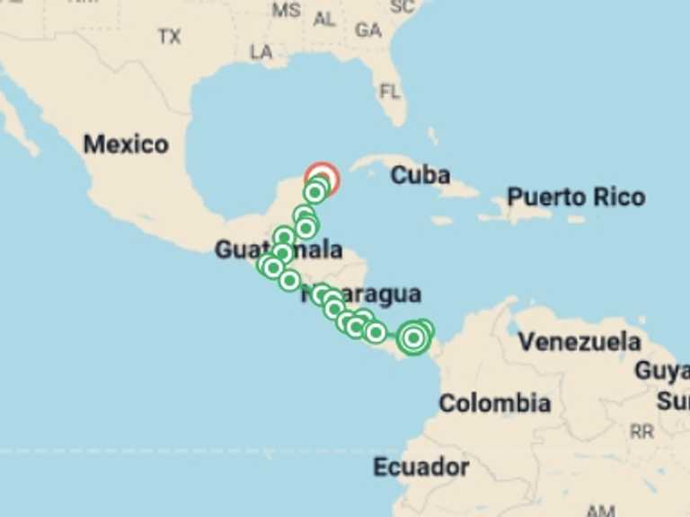 Map of a Overland Journeys Tour with 22 destination visits for the trip: Panama City to Mexico Maya Express Pass